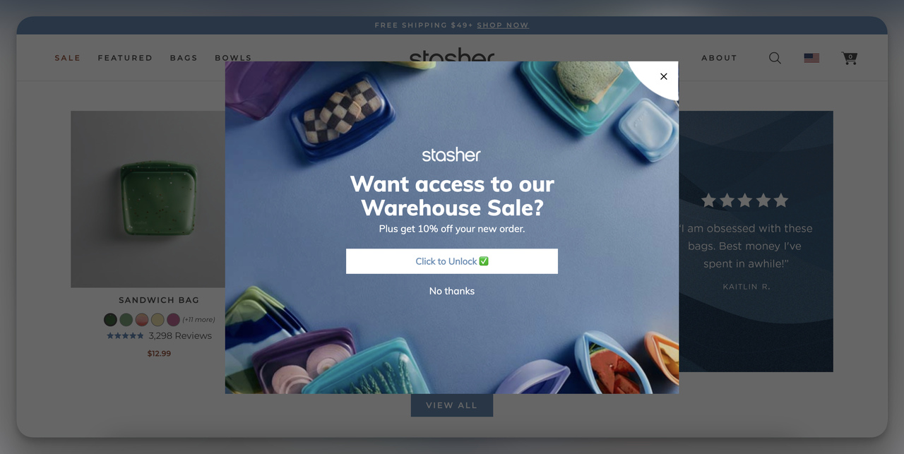 Persuasive words that sell on Stasher's popup