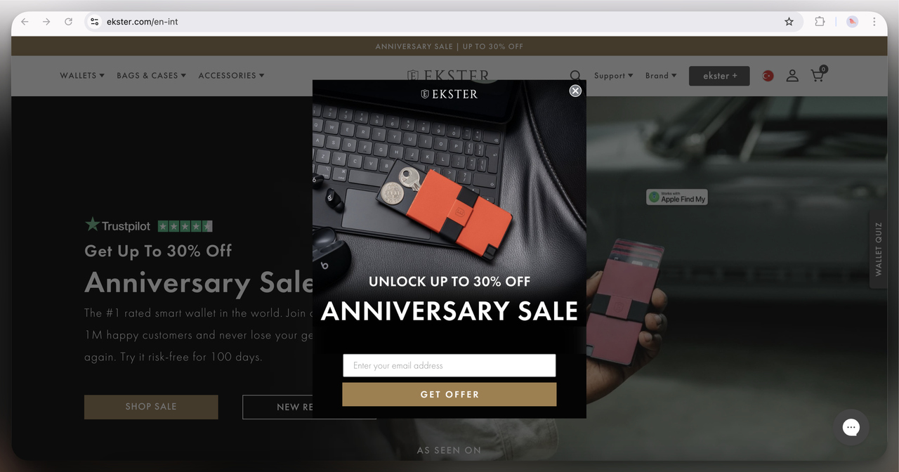 2. Ekster Anniversary Sale Popup (Overlay)