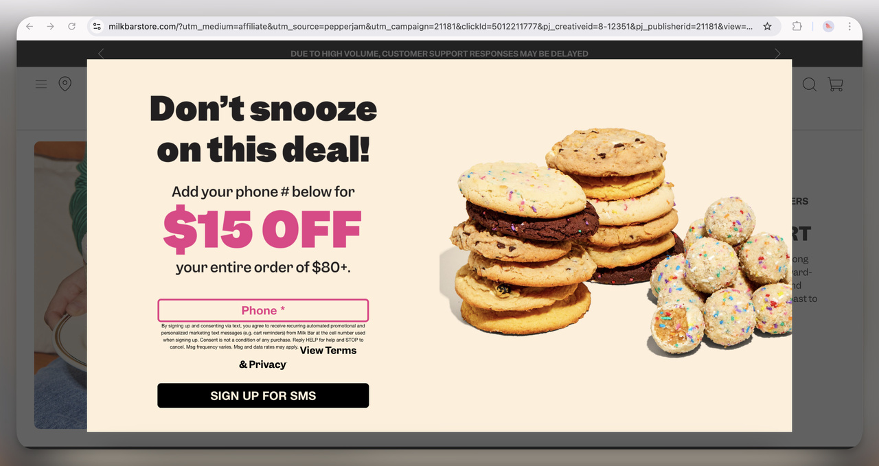 3. Milk Bar Exit-Intent Popup (Full-Screen)