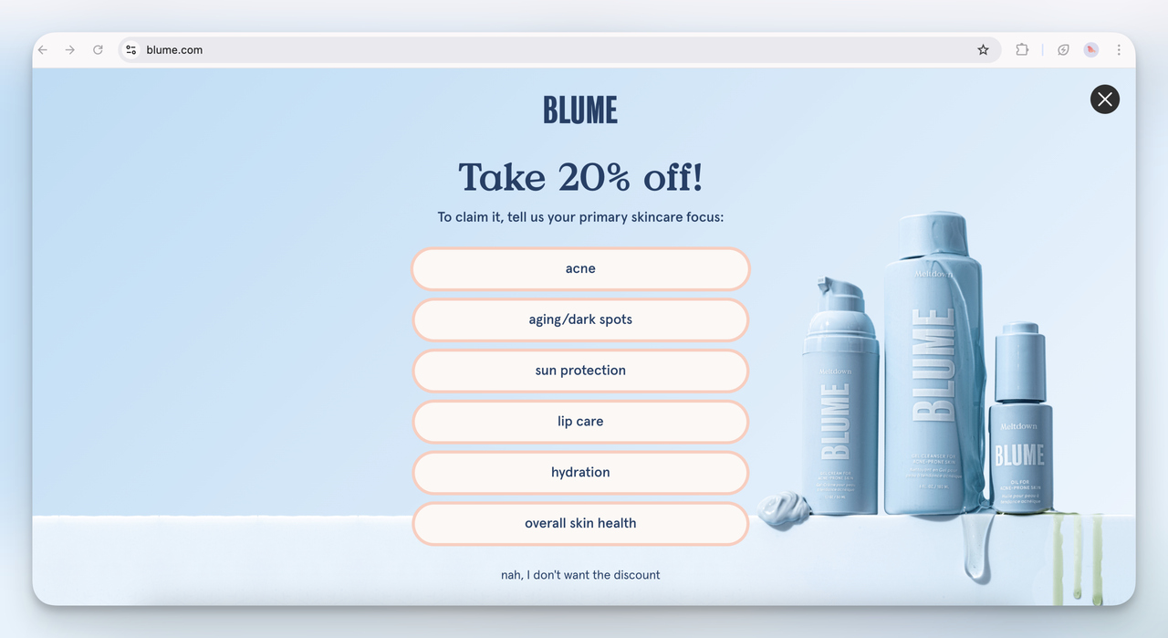 6. Blume Skincare Survey Popup (Full-Screen)