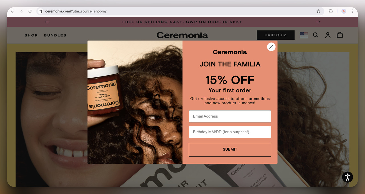 8. Ceremonia Welcome Popup (Overlay)