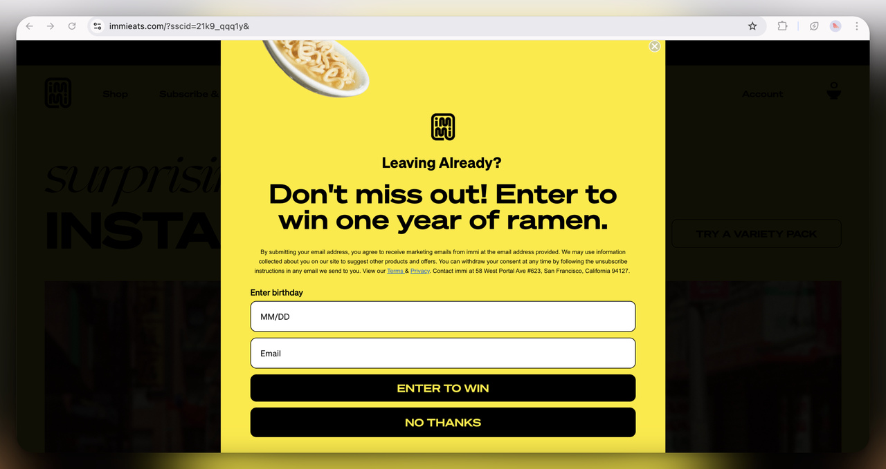 20. Immi Eats Exit-Intent Giveaway Popup (Full-screen)