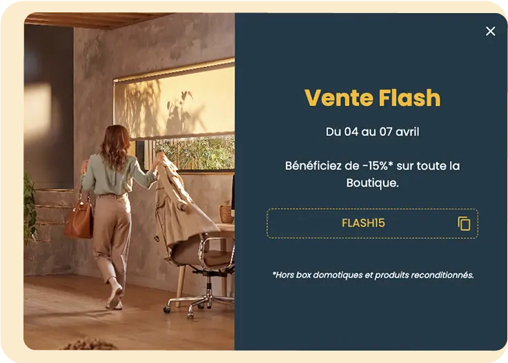 Side-by-side A/B test of Somfy popup headlines in English (“Flash Sale”) vs French (“Vente Flash”)