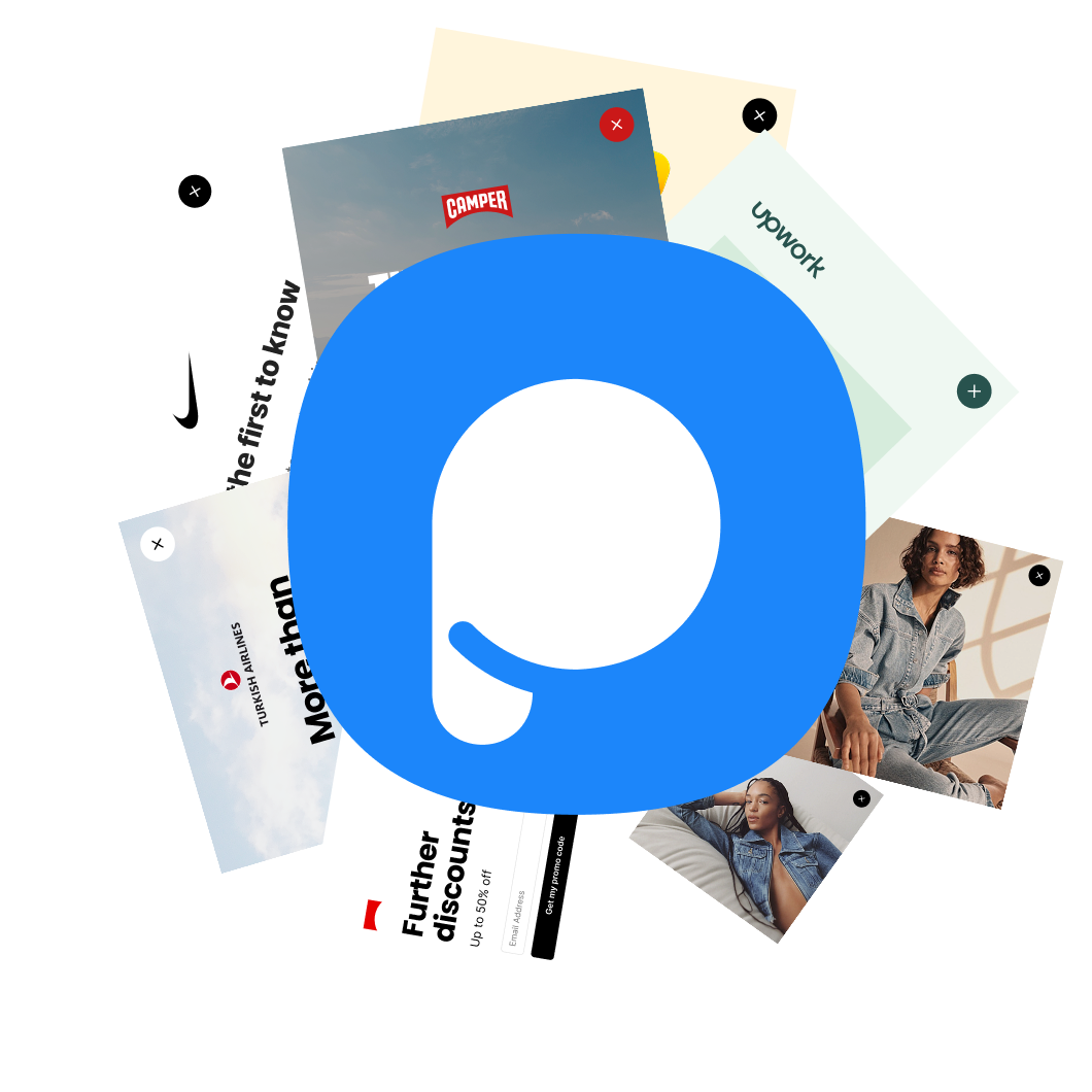 Collage of Popupsmart template thumbnails behind Popupsmart chat bubble icon