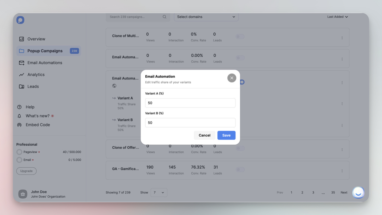 Image of Popupsmart's email automation page