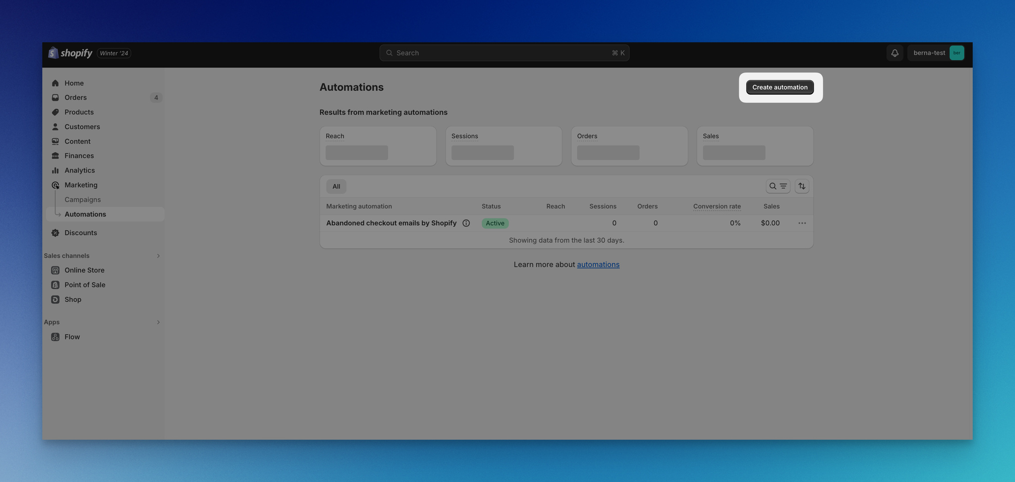 Shopify'de otomasyonlar bölümünde otomasyon oluştur butonuna tıklamanın ekran görüntüsü