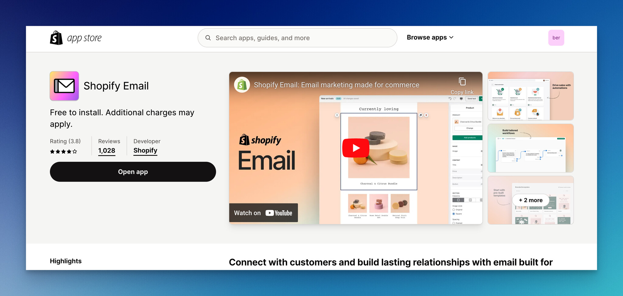 Shopify App Store'da Shopify e-posta uygulaması açılış sayfasının ekran görüntüsü