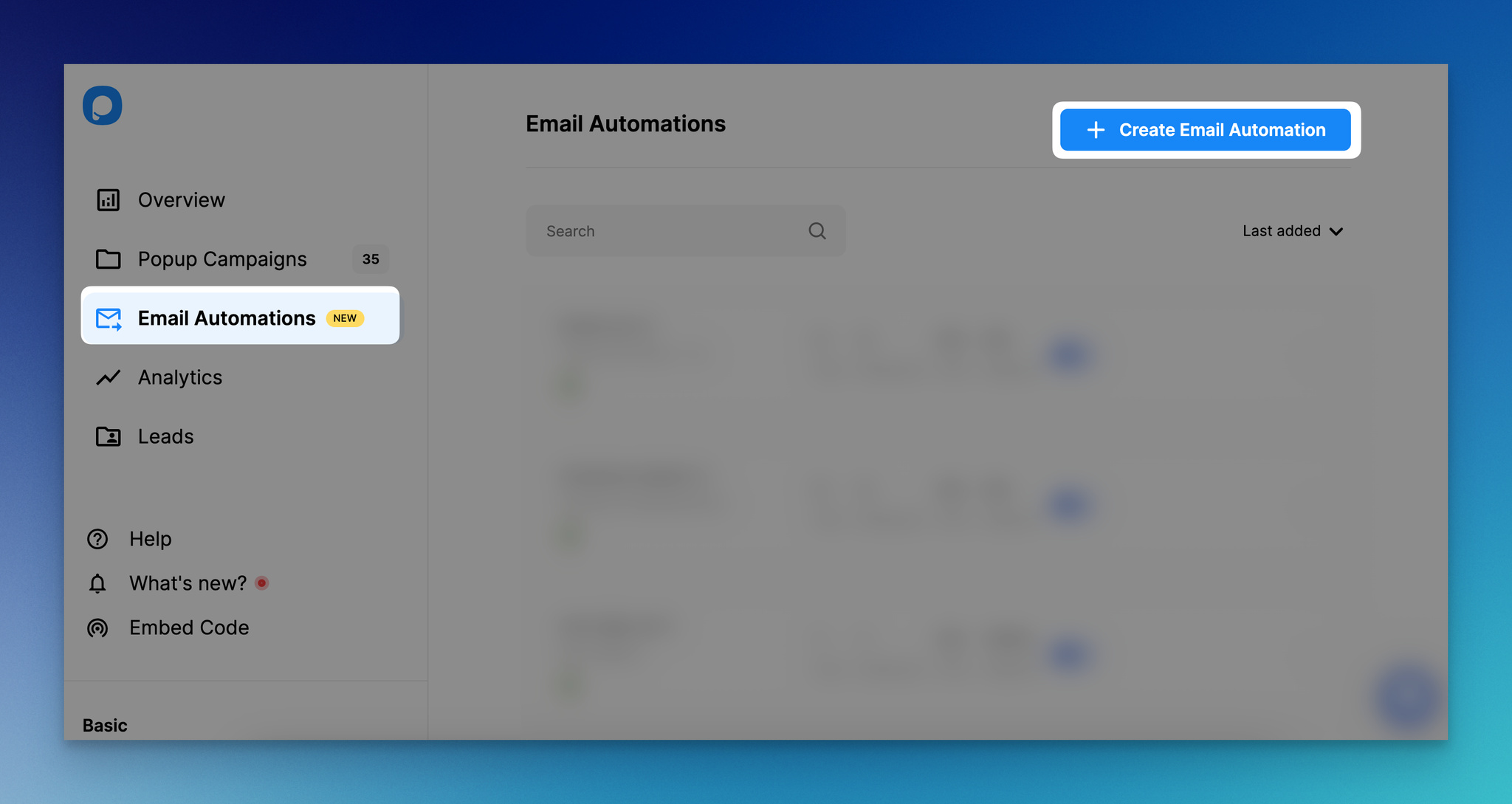 Popupsmart'ta e-posta otomasyonlarına gidip bir e-posta otomasyonu oluşturmanın ekran görüntüsü