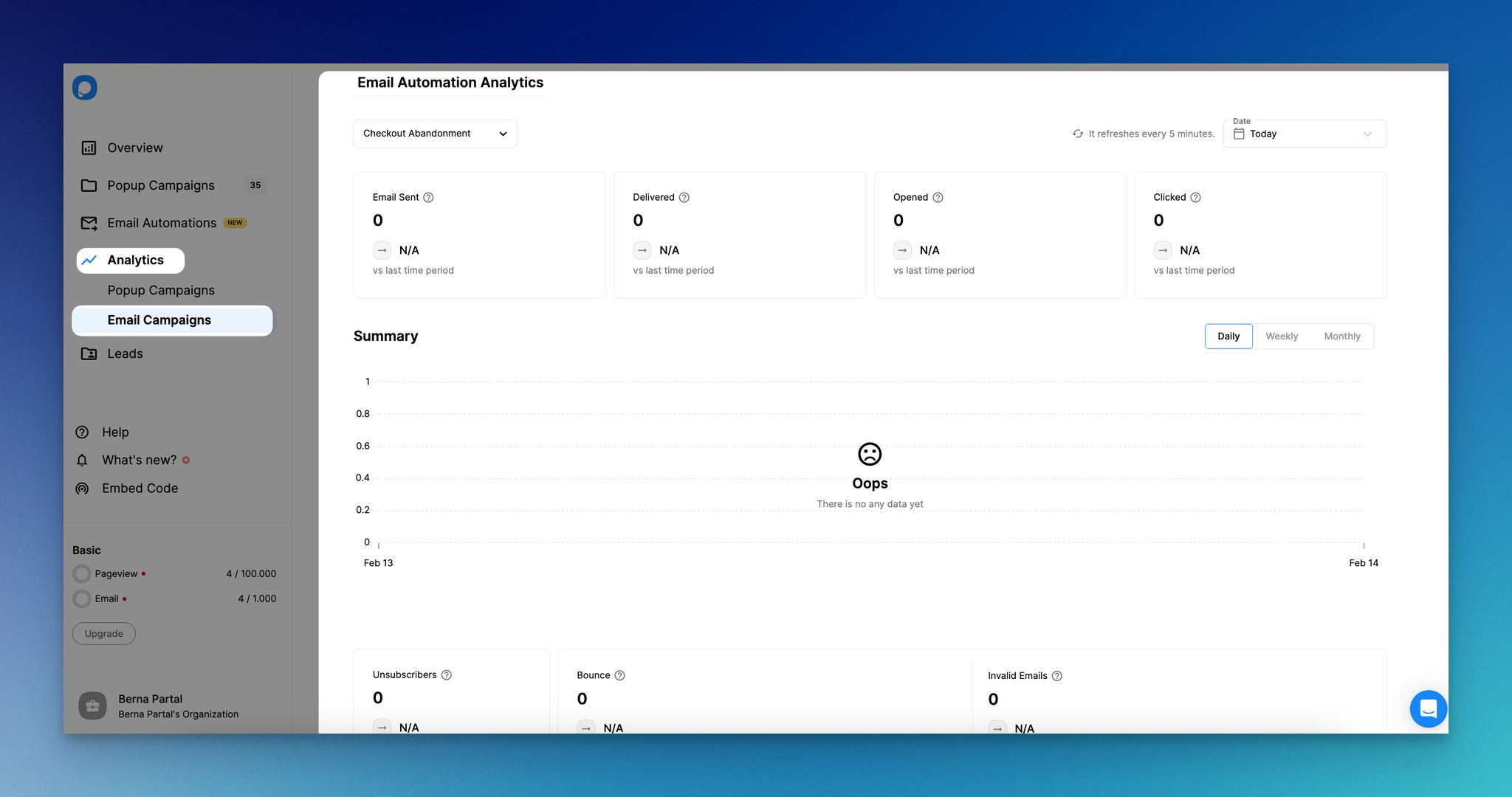 Popupsmart'ta e-posta otomasyon analizleri sayfasının ekran görüntüsü