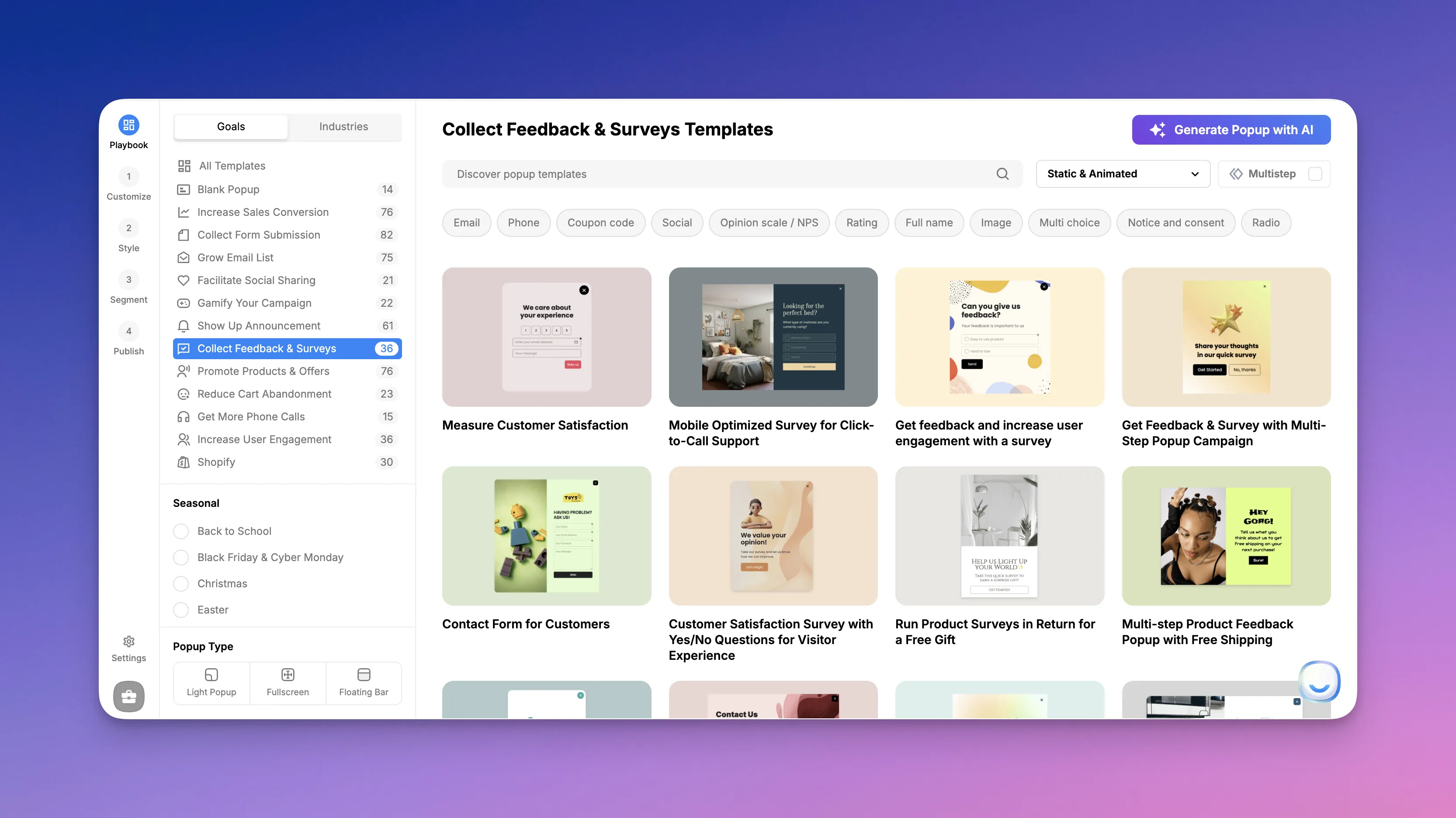 Image of Popupsmart's dashboard, the Collect Feedback & Surveys section.