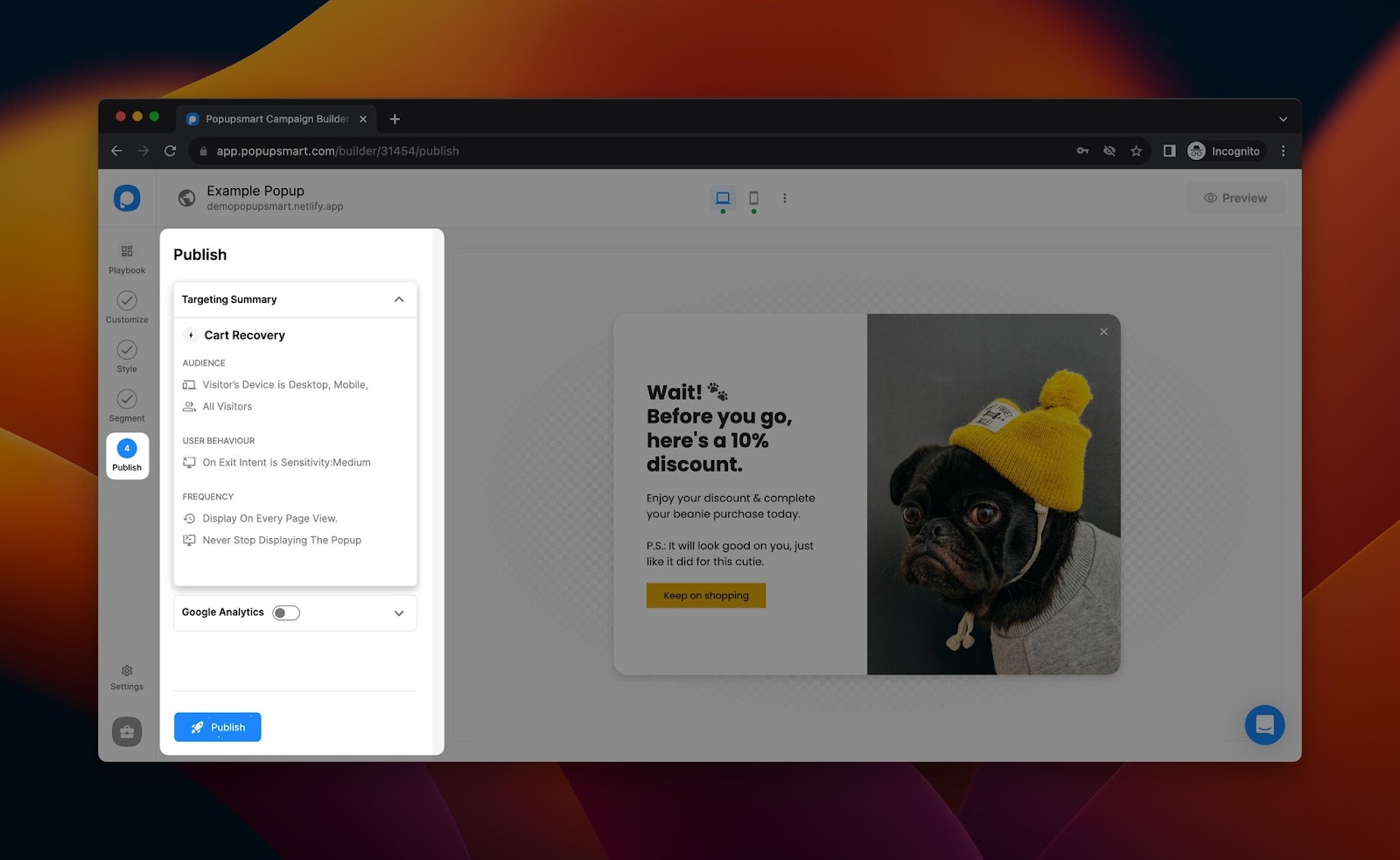 Publishing a popup campaign from the Popupsmart dashboard