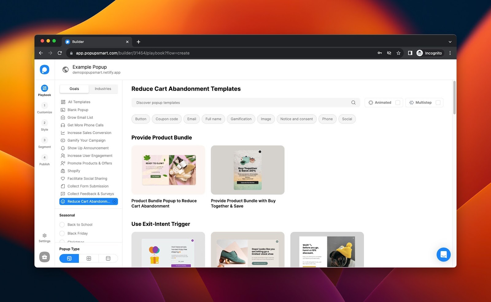 Choosing a popup template from the Popupsmart Playbook section