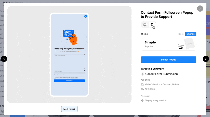 Mobile and desktop interstitial popup example showing fullscreen contact form for customer support