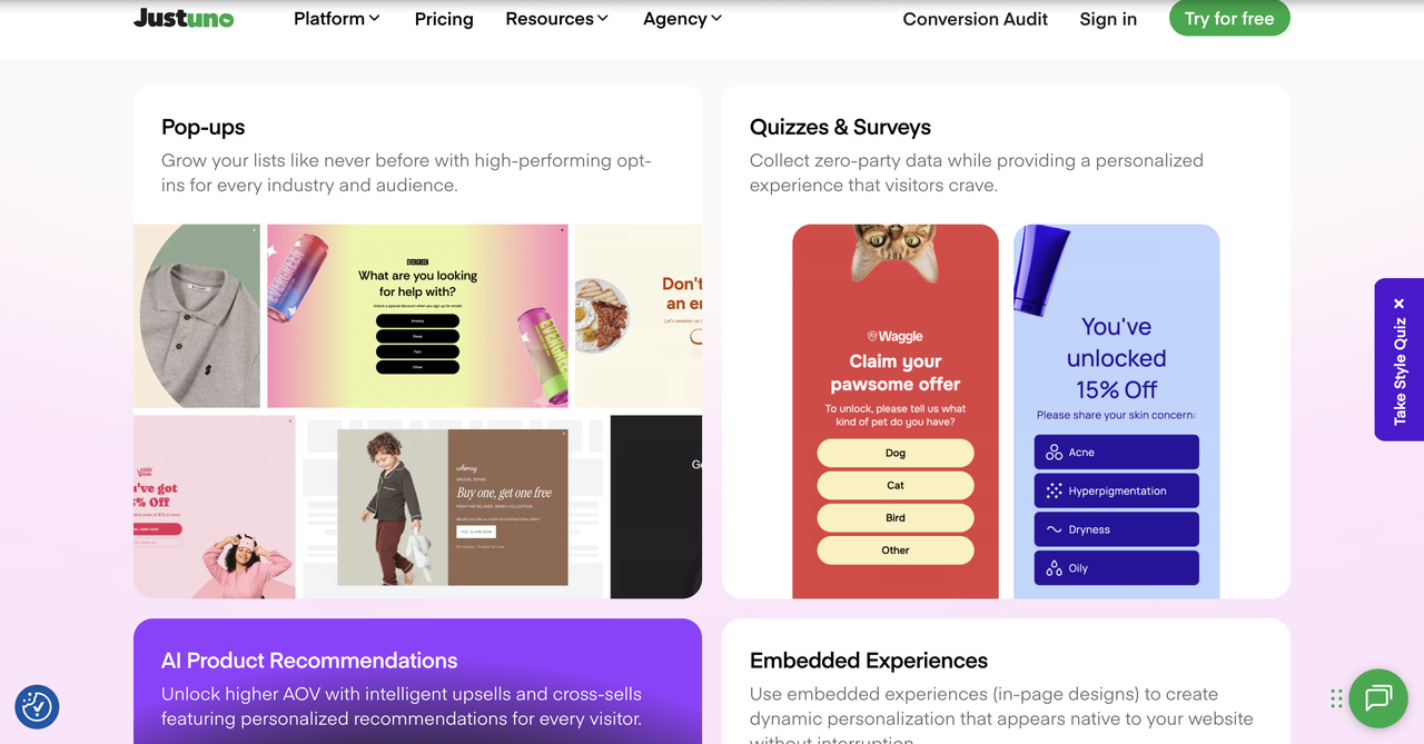 Image of Justuno's website page