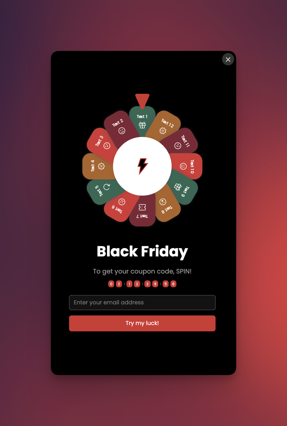 Gamified Black Friday Popup Template Showing Spin-to-Win Chart
