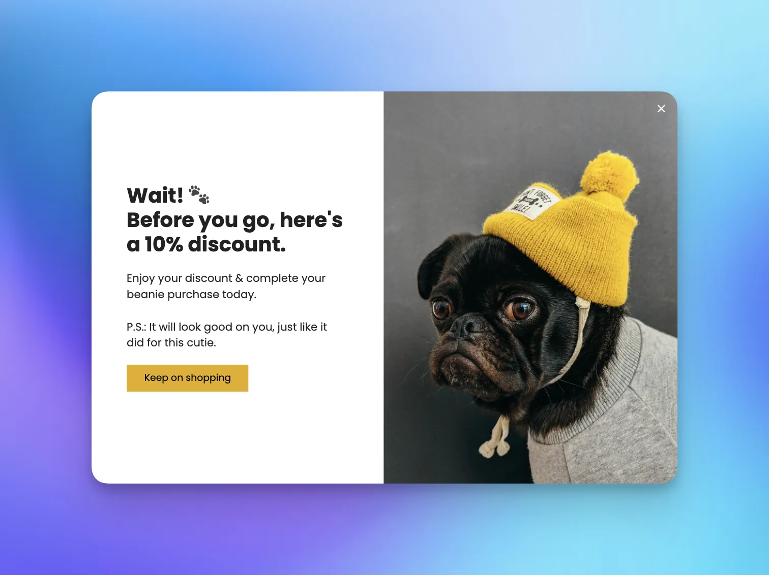 Exit-intent popup offering 10% discount with cute dog image.