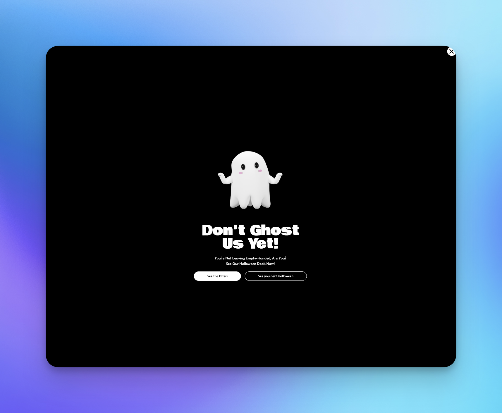 Black background popup encouraging users to check Halloween deals.