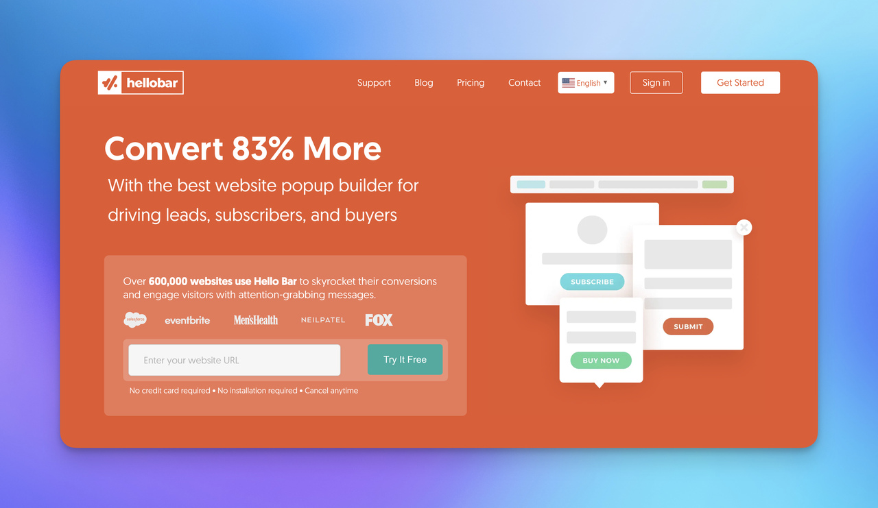 A screenshot of HelloBar's homepage