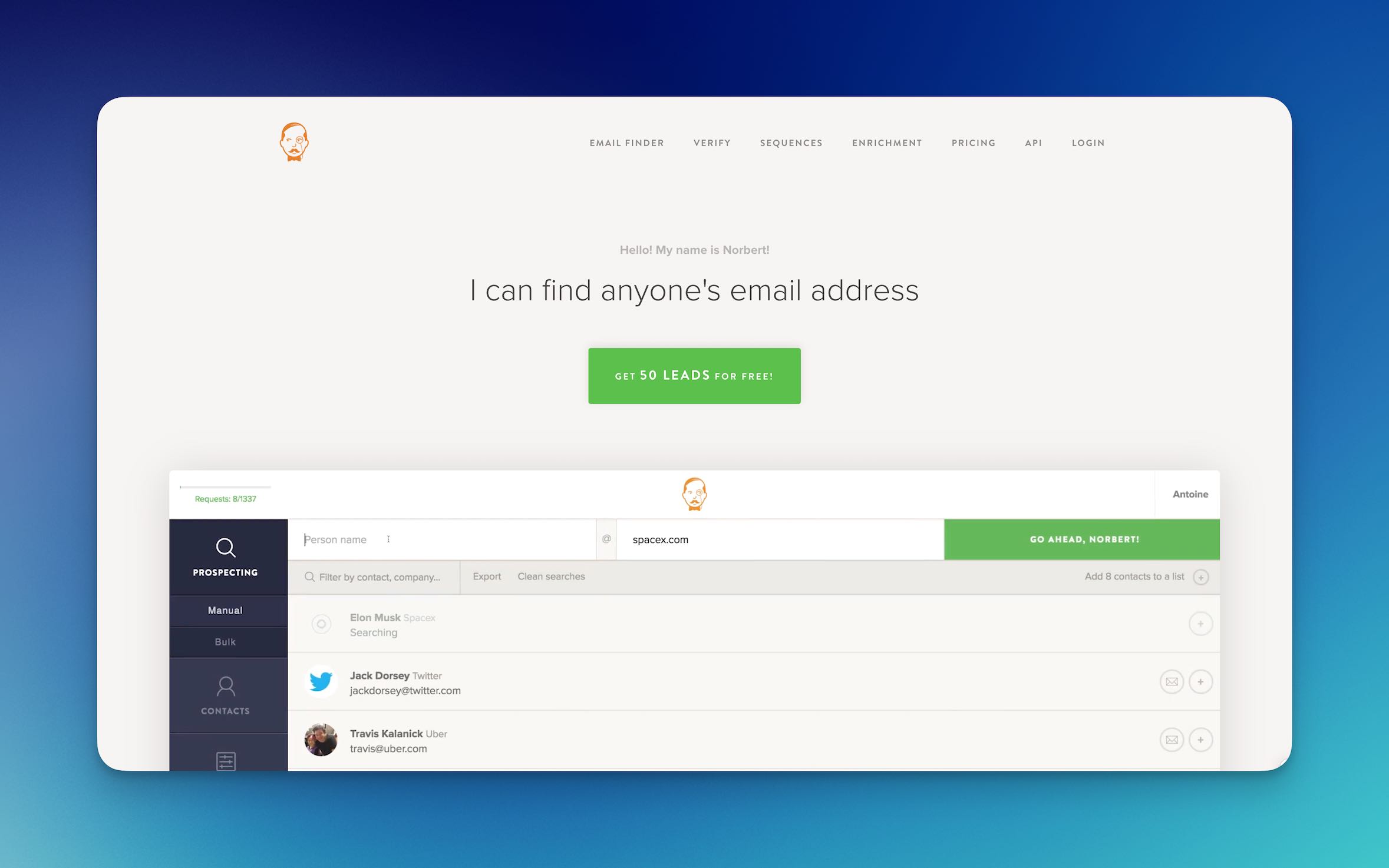 Screenshot of VoilaNorbert homepage showing the main dashboard and email finder features.