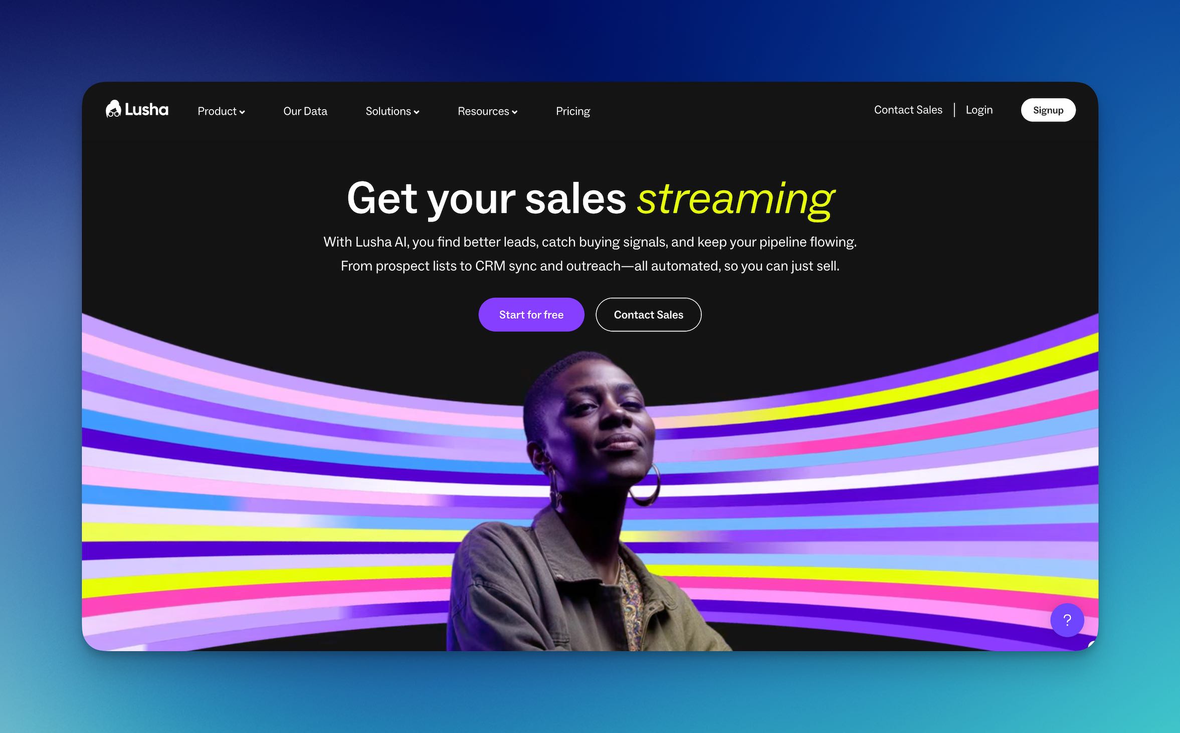 Screenshot of Lusha's homepage showing the main dashboard and email finder features.