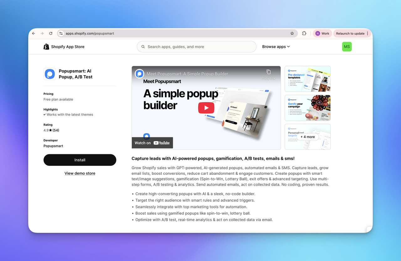 Popupsmart app on Shopify App Store, featuring a video overview and highlights of its AI-powered popup builder and A/B testing capabilities.