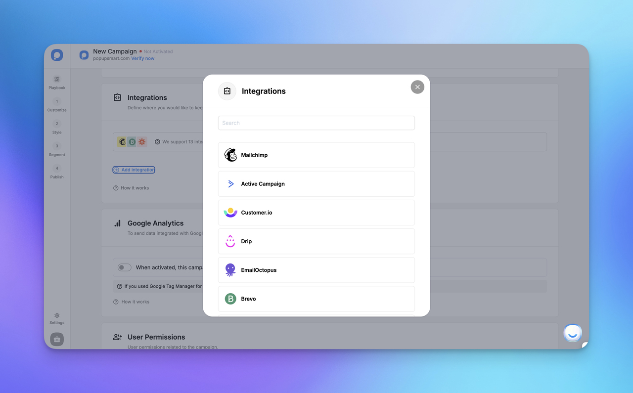 A user interface displaying a "New Campaign" setup with an "Integrations" dialog featuring various services like Mailchimp and Active Campaign.