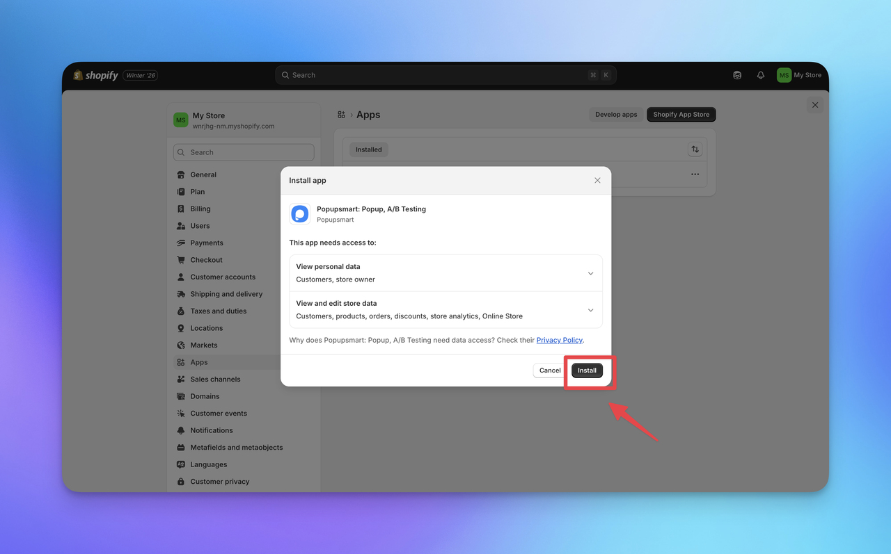 Screenshot of Popupsmart on Shopify for inst