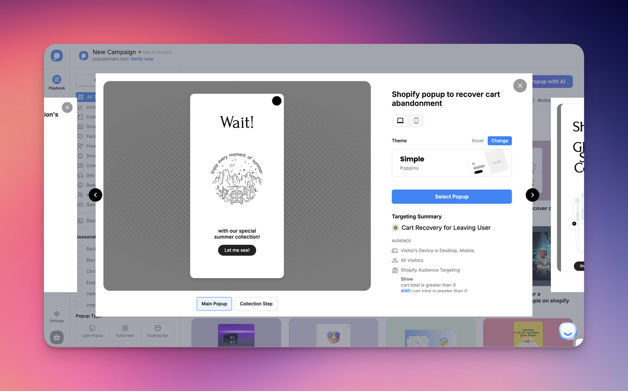 A Shopify popup design for cart recovery features a "Wait!" message and promotes a special summer collection.
