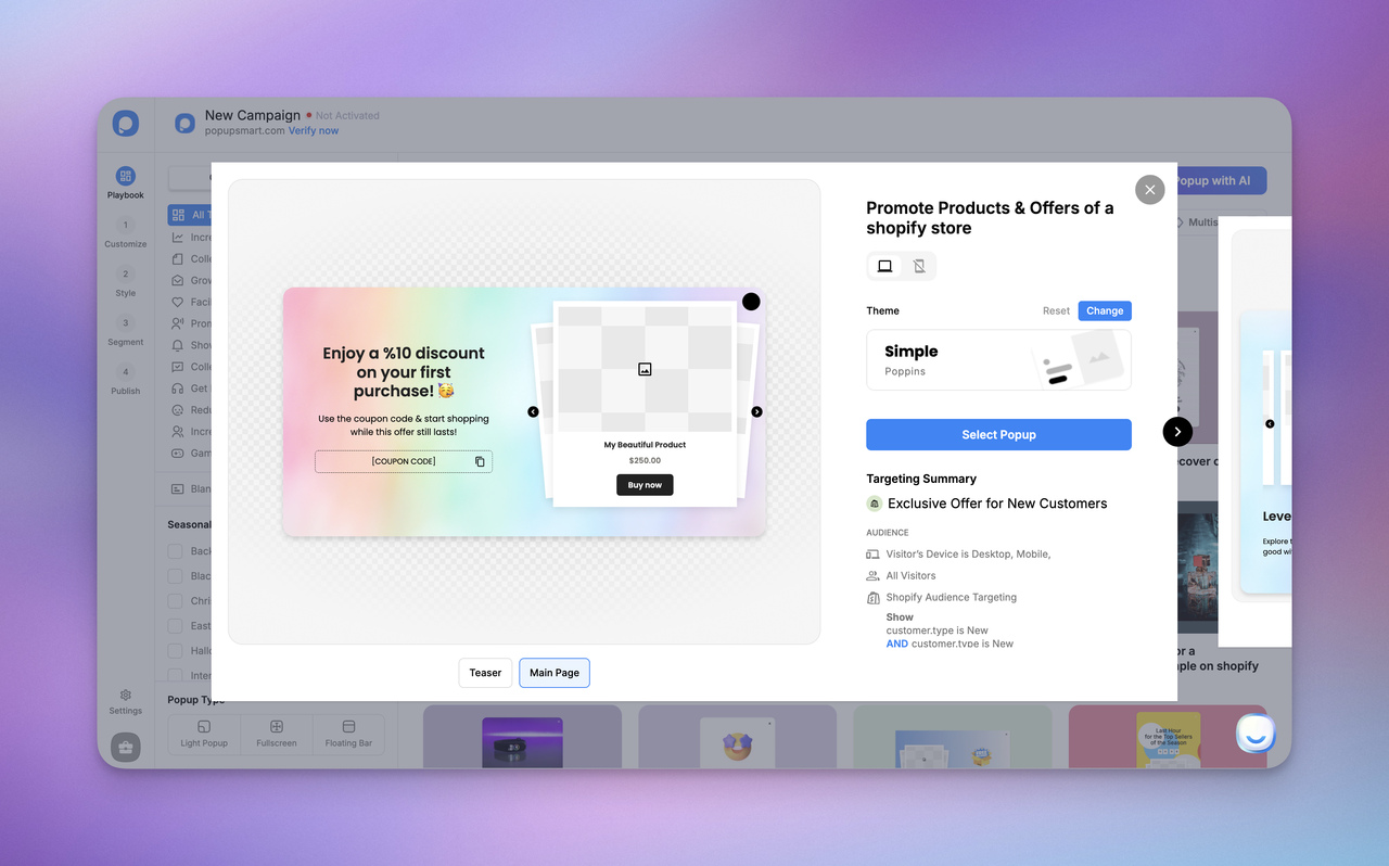 Popup design for a Shopify store, promoting a 10% discount on first purchase with a coupon code. Features product image placeholder and targeting options.
