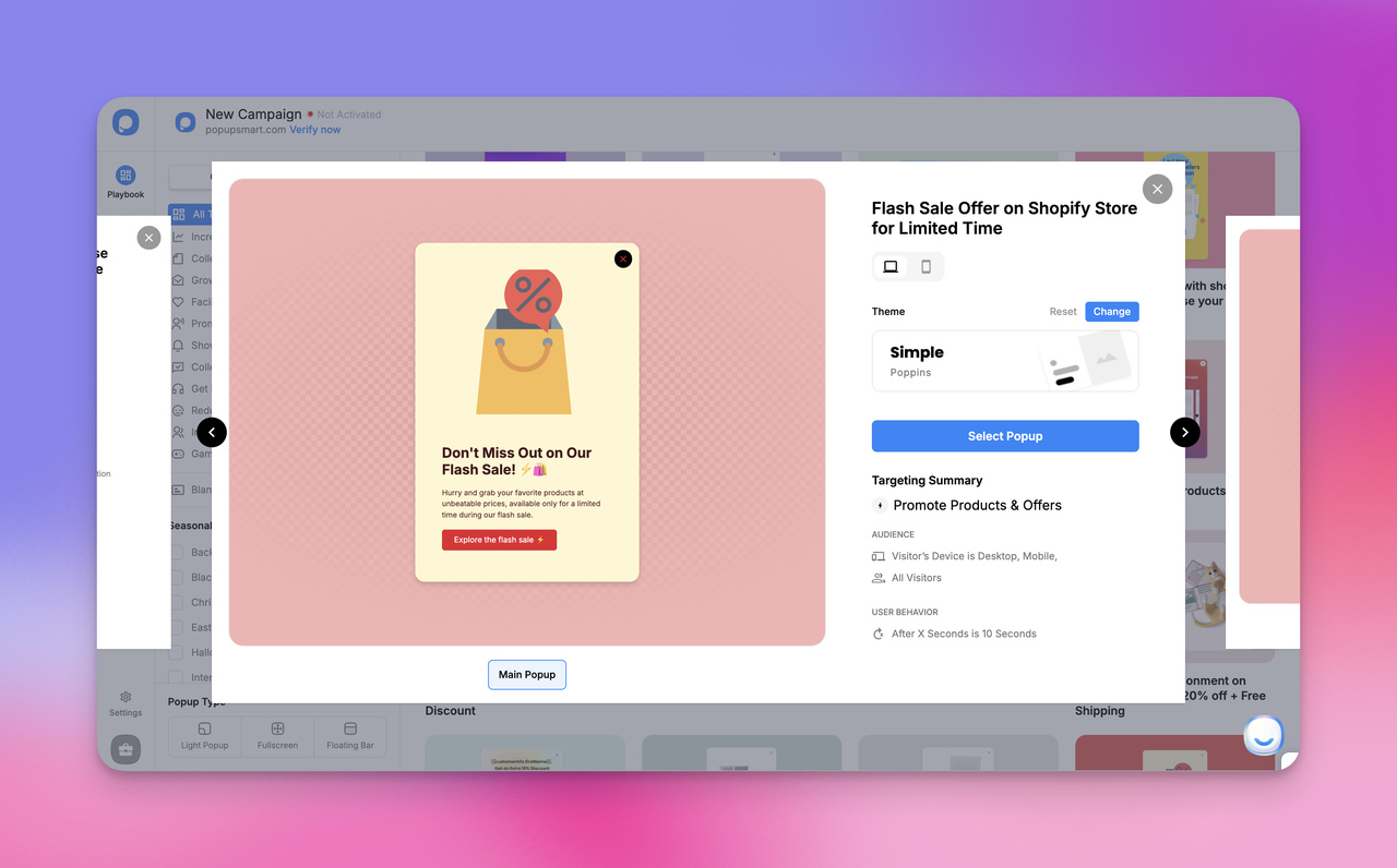 Popup showing a flash sale offer for a Shopify store, urging customers to grab products at unbeatable prices for a limited time.