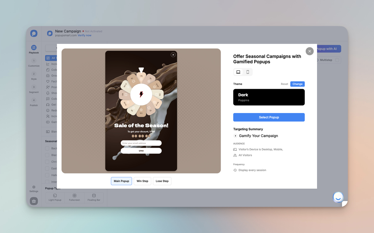 A seasonal marketing popup design featuring a spinning wheel and an email entry field, promoting discounts and engagement.