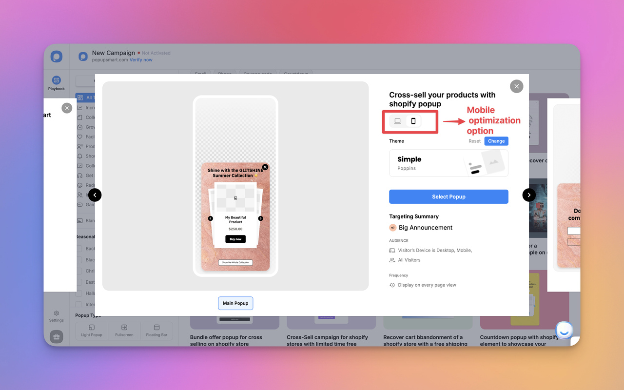 Shopify popup campaign interface showing product details, theme selection, and mobile optimization option for a summer collection.