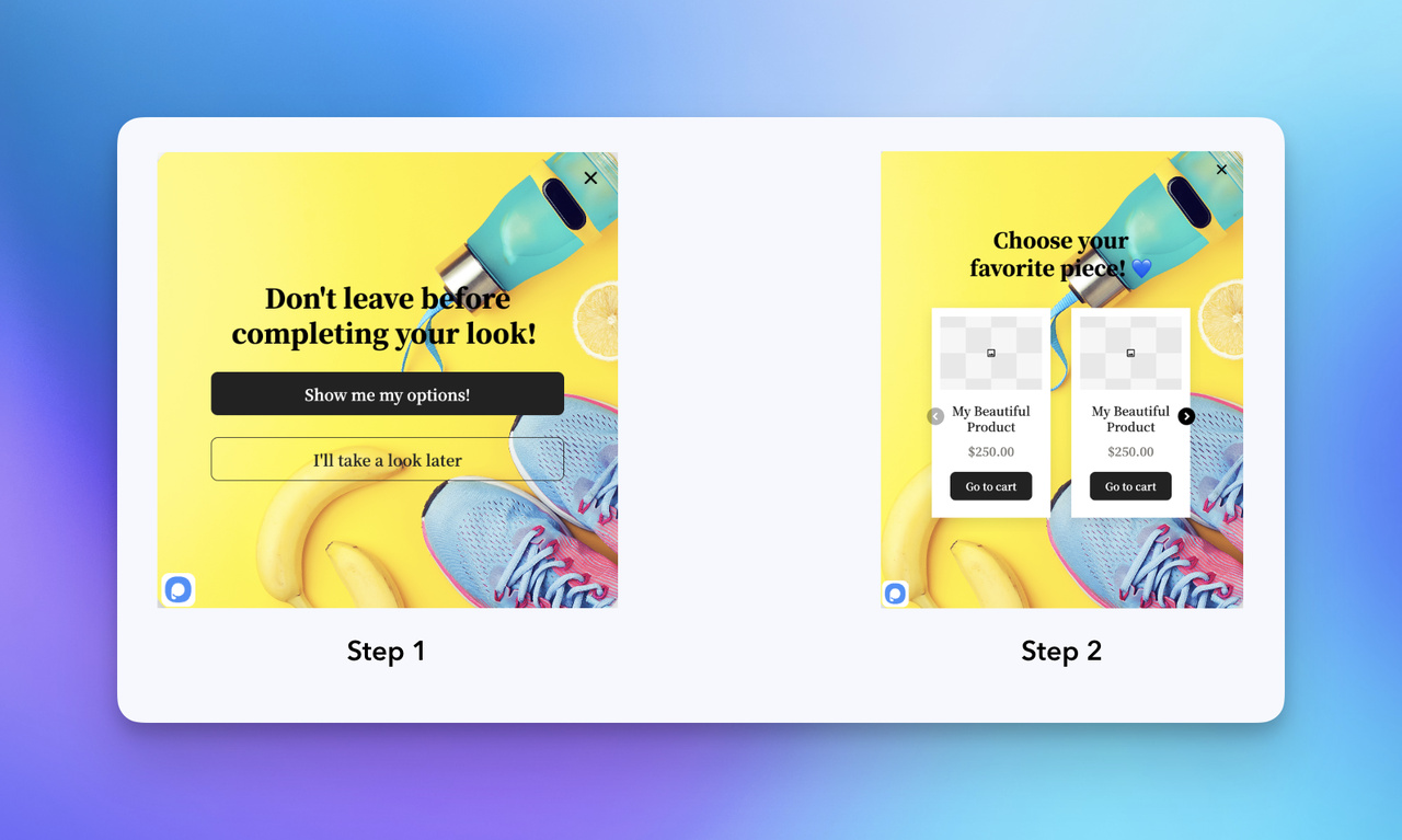 Interactive image featuring two steps of a shopping process: selecting options and choosing a product to add to the cart. Bright yellow background.