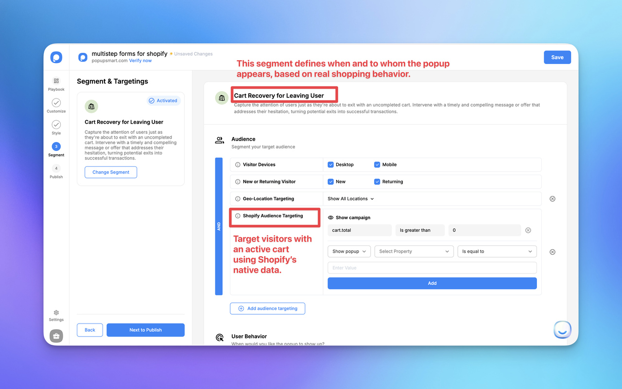 A digital interface showing a segment setup for Shopify's "Cart Recovery for Leaving User," targeting visitors with active carts.