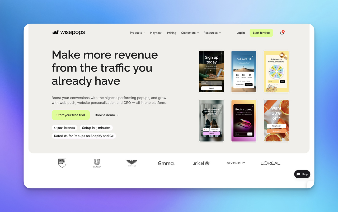 Screenshot of the Wisepops website, promoting popup solutions for boosting conversions, featuring call-to-action buttons and brand logos.