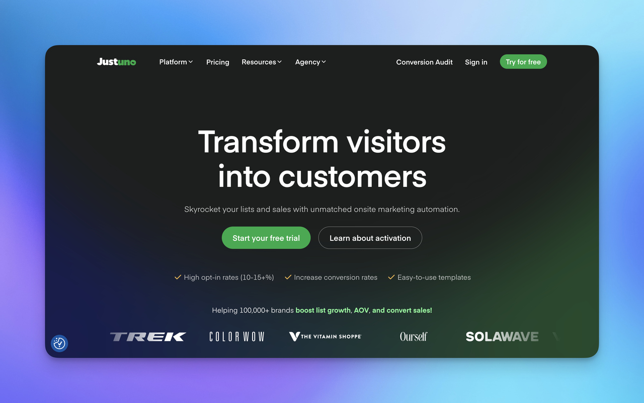 Justuno landing page