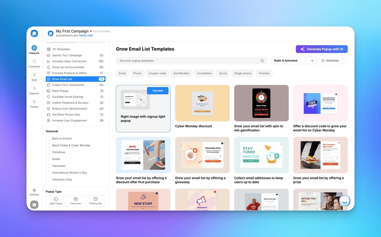 Email list template options displayed on a digital interface, featuring various promotional popup designs for marketing campaigns.