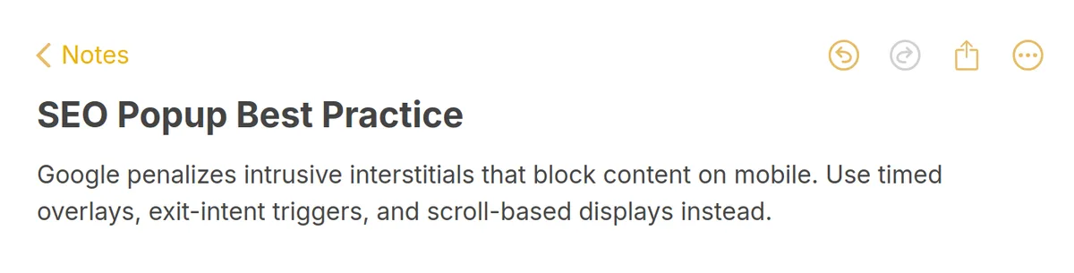 Note highlighting Google penalties for intrusive mobile interstitials with recommended alternatives