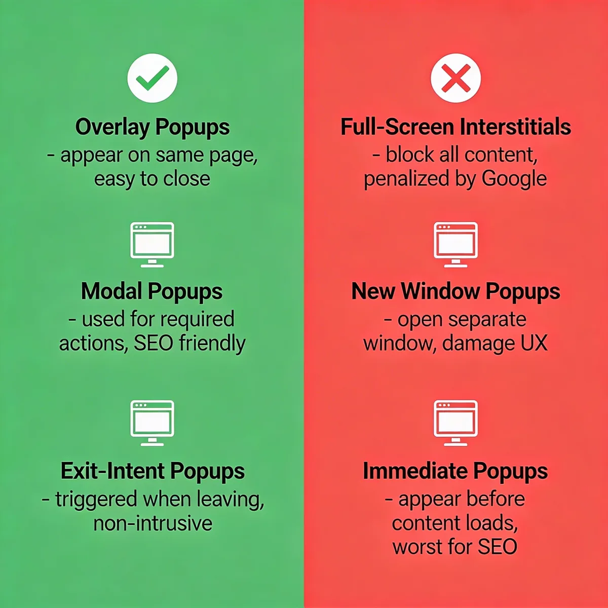 Infographic comparing SEO-friendly popup types versus harmful popup types penalized by Google