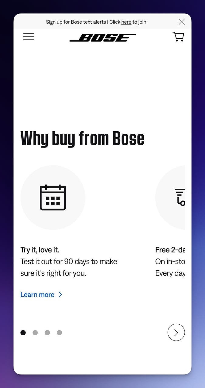 Bose mobile page value proposition section explaining why buy from Bose