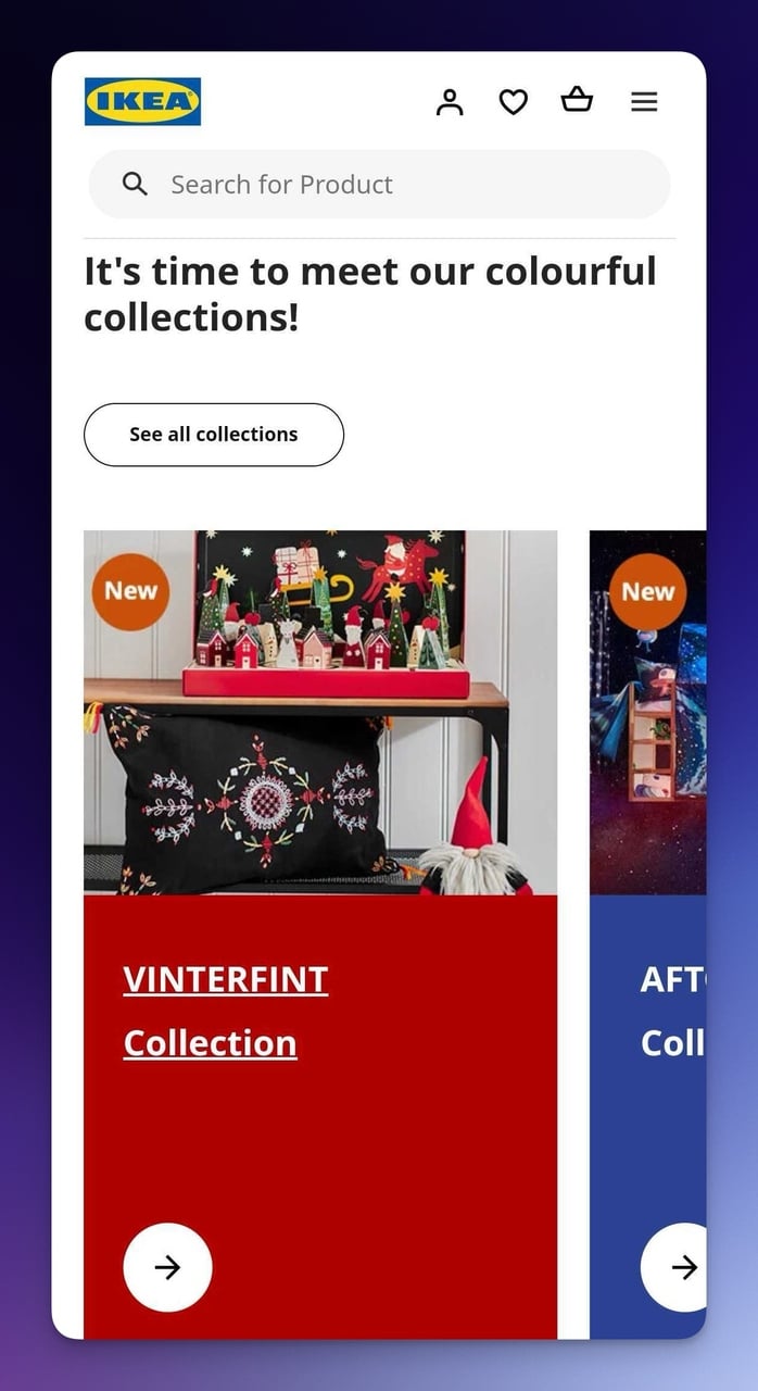 IKEA mobile page mid-section with product categories and room inspiration layout