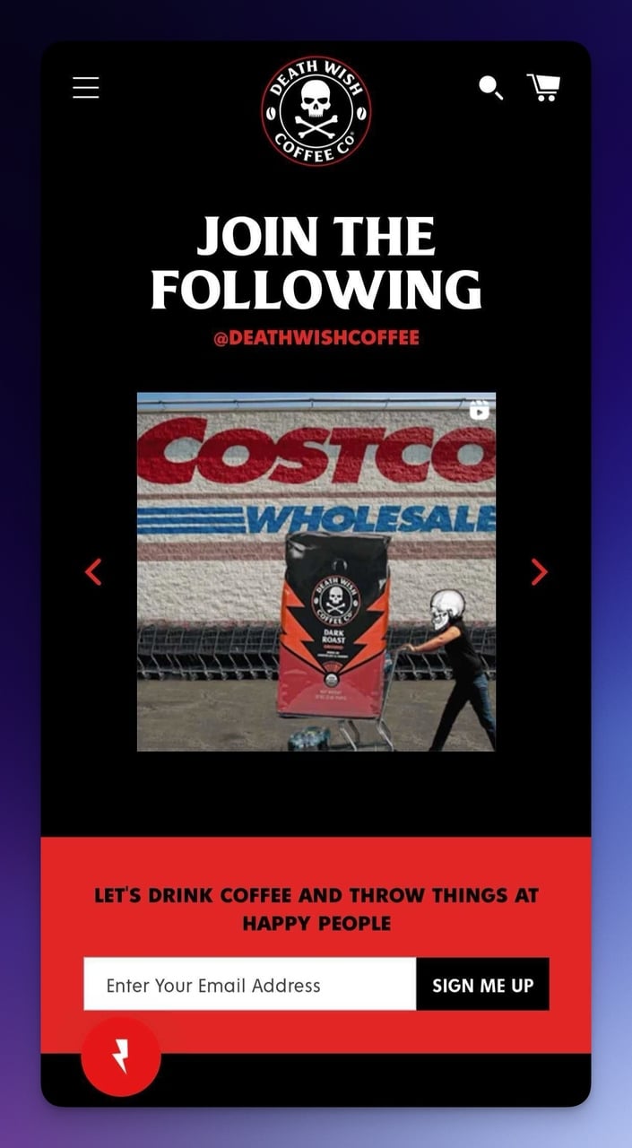 Death Wish Coffee mobile page social media integration section with user content