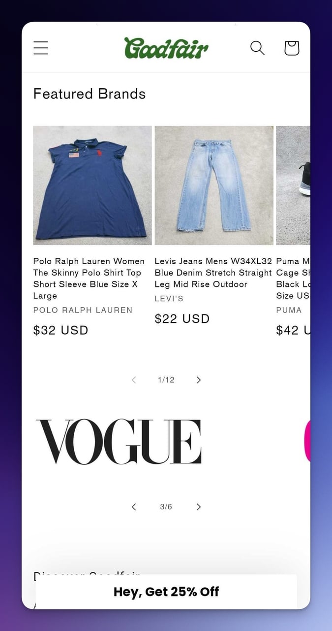 Goodfair mobile page product bundles section with eco-friendly messaging and pricing