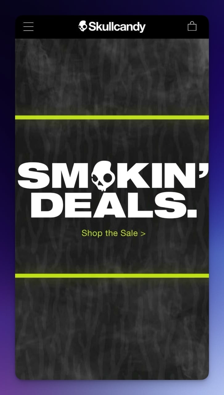 Skullcandy mobile page product features section with bold visual design elements