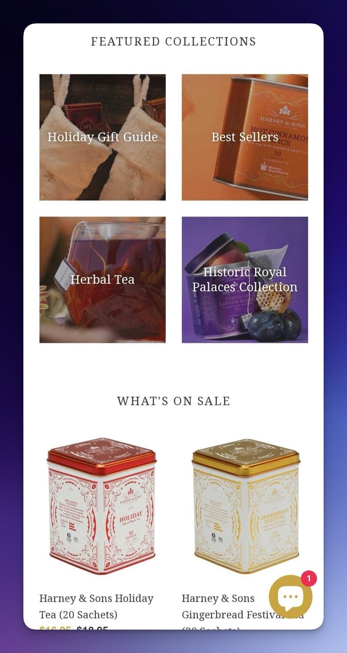 Premium Teas mobile page product collection section with clean browsing experience
