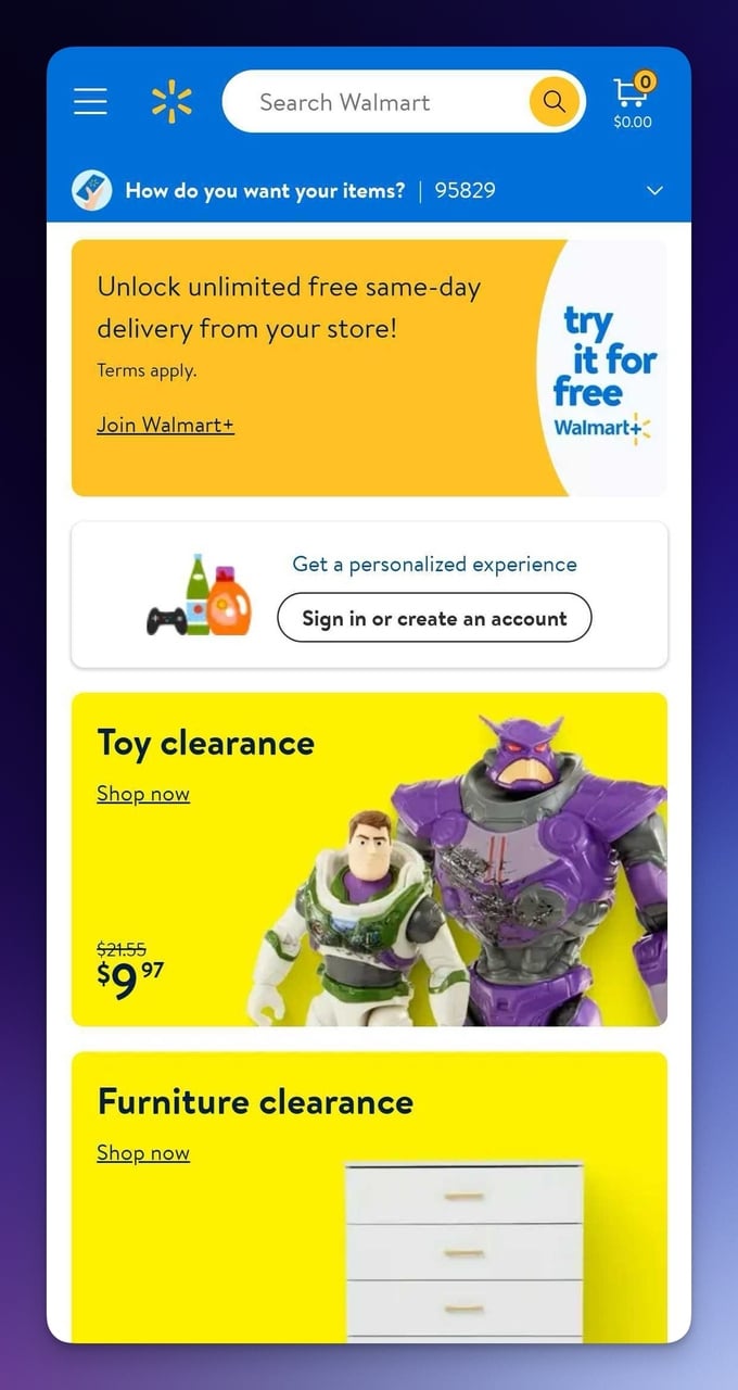Walmart mobile page deal sections with personalized product recommendations layout