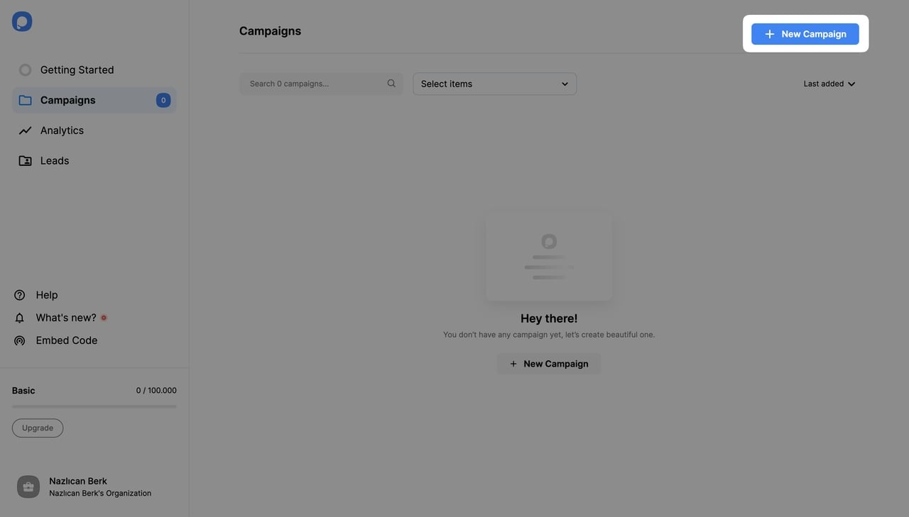 creating a new campaign on popupsmart