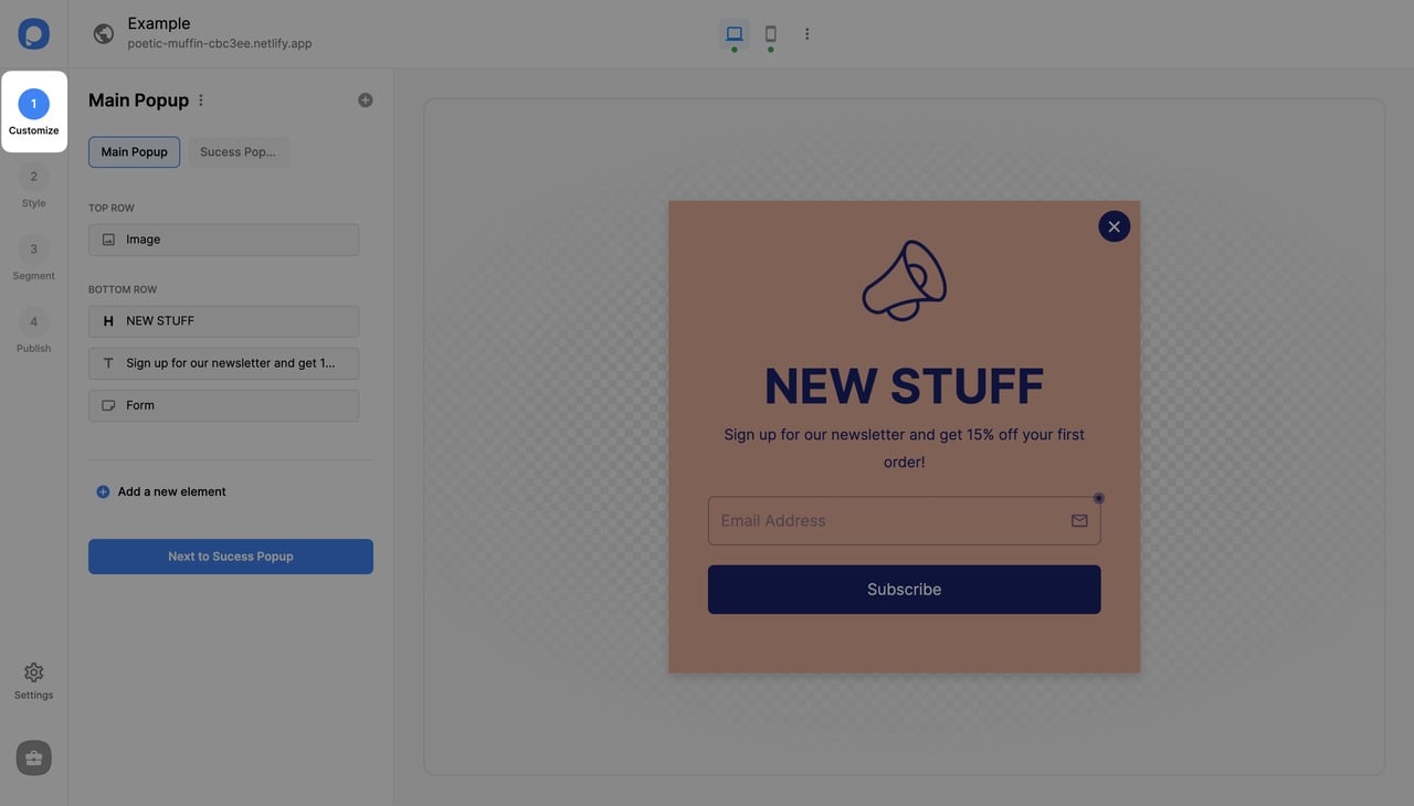 Customize step in the Popupsmart builder