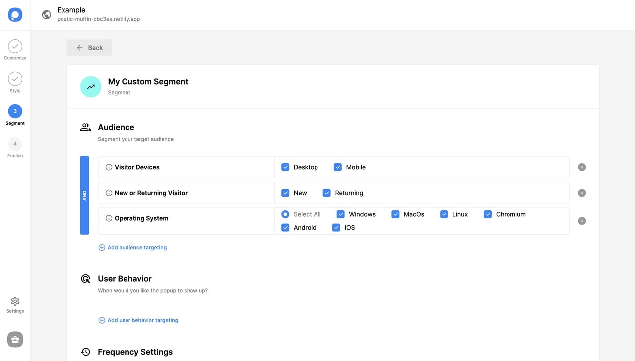 Popupsmart popup builder dashboard with the Segment page