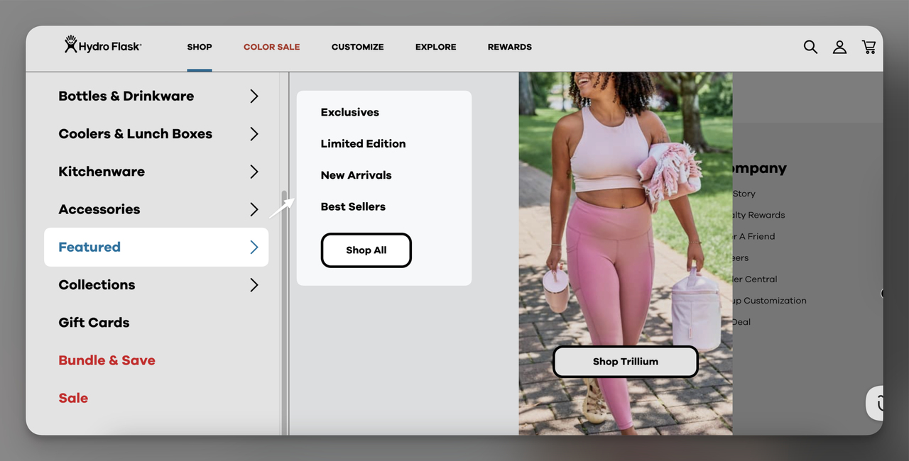 Hydro Flask sidebar menu with dedicated Featured tab showing Exclusives, Limited Edition, and New Arrivals with Shop All button